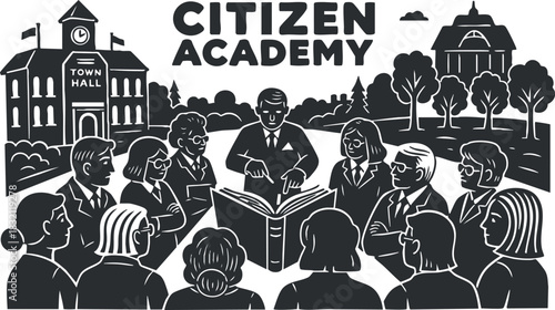 A group of diverse individuals gathered around a speaker at Citizen Academy in a black and white vector illustration style, suitable for educational and community engagement projects