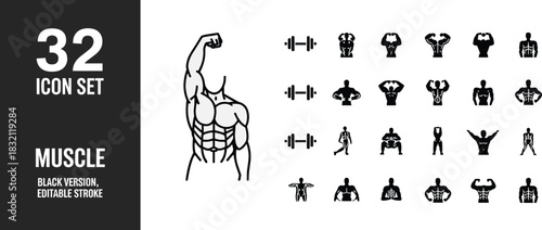 muscle and fitness icons featuring bodybuilding poses, gym symbols, strong body silhouettes, ideal for sports design, training apps, and branding