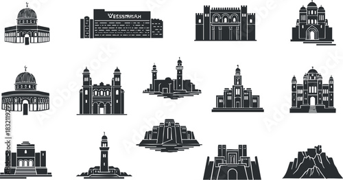 A collection of iconic buildings and landmarks in black and white vector style, perfect for travel and tourism designs