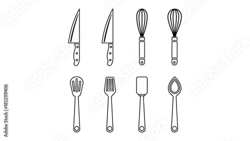 Line art illustration of various kitchen utensils on a white background