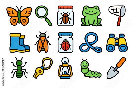 Colorful bug hunting tools and insects illustrations for kids education