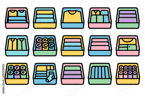 Organized storage boxes with colorful folded clothes and accessories