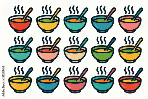 Colorful cartoon soup bowls with steaming hot broth and spoons