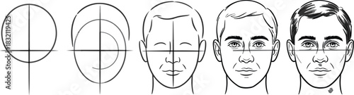Step-by-Step Male Face Drawing Tutorial – Artistic Construction from Geometric Guidelines to Realistic Portrait with Shading and Detail