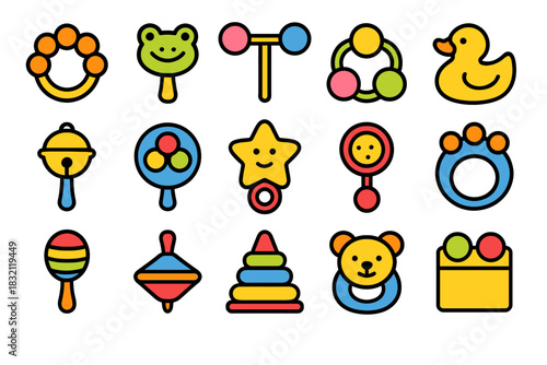 Colorful baby toys set: rattles, teethers, stacker, and rubber duck