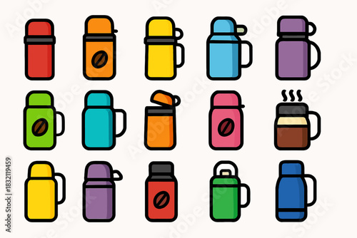 Colorful coffee thermos icons set with various designs and styles