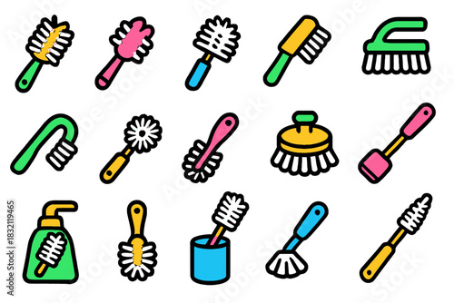 Colorful collection of various cleaning brushes and tools in cartoon style