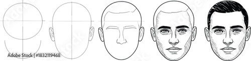 Step-by-step male face drawing tutorial showing construction lines, anatomy proportions, and sketch progression for illustration, character design, portrait art, and education.