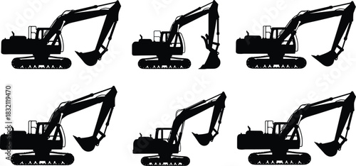 Set of excavator silhouettes, heavy construction machinery collection, black digger vector illustration, industrial earth mover icons.