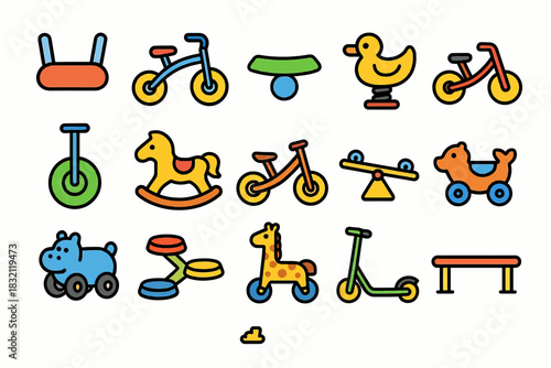 Colorful playground toys collection: bikes, rocking horses, and more