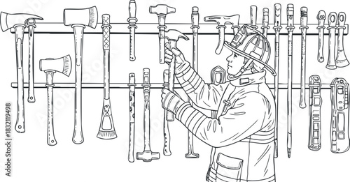 An illustration of a firefighter inspecting tools such as axes and hammers in a detailed black and white outline style, suitable for emergency services graphics