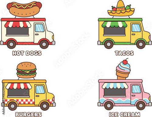 Set of colorful cartoon food trucks, fast food vehicle collection, burger, taco, hot dog, and ice cream van vector illustration.