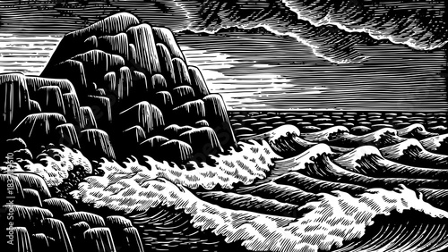 volcanic shoreline built from black basalt stones black and white, strong icy waves crashing across the rugged coast, creating a powerful dark dramatic scene