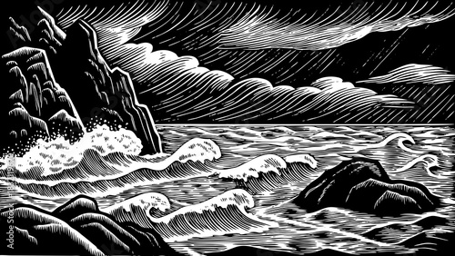 volcanic shoreline built from black basalt stones black and white, strong icy waves crashing across the rugged coast, creating a powerful dark dramatic scene