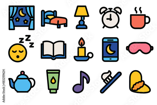 Bedtime icons: sleep, relaxation, and nighttime routine essentials