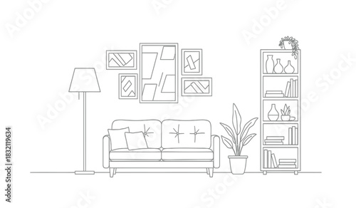 Minimalist living room sketch featuring a sofa bookshelf and wall art in a black and white silhouette style interior design concept silhouette