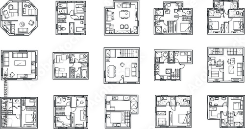 A collection of detailed house floor plans in minimalist outline vector style, suitable for architectural design projects
