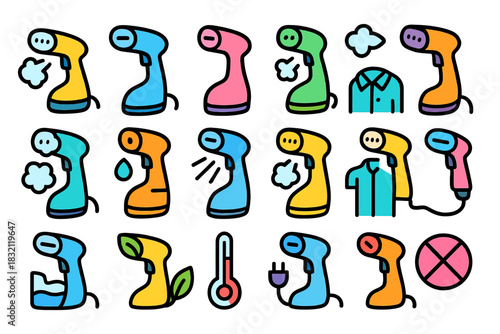 Colorful garment steamers and icons depicting functions and accessories