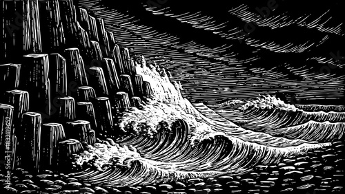 volcanic shoreline built from black basalt stones black and white, strong icy waves crashing across the rugged coast, creating a powerful dark dramatic scene