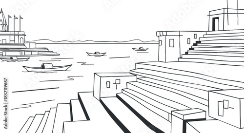 A scenic waterfront view featuring steps leading down to the water with boats in a minimalist black and white outline vector style, ideal for travel and tourism projects