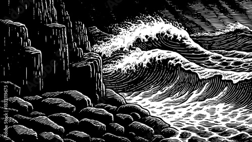 volcanic shoreline built from black basalt stones black and white, strong icy waves crashing across the rugged coast, creating a powerful dark dramatic scene