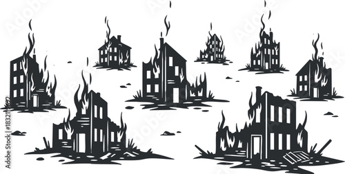 A collection of burning buildings in black and white vector style, depicting urban destruction and disaster scenarios, suitable for emergency awareness campaigns