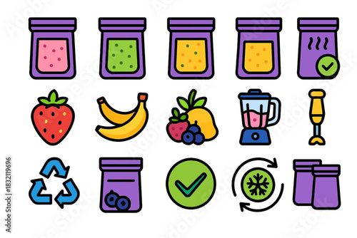 Colorful smoothie ingredients and blender icons with fruit and recycling symbols