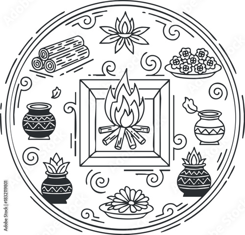 A sacred fire symbol surrounded by lotus flowers, vessels, and wood in a black and white outline vector style, ideal for cultural and spiritual designs