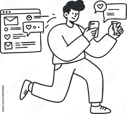 A young person engaging with social media on a smartphone in a minimalist line art vector style, ideal for digital communication concepts