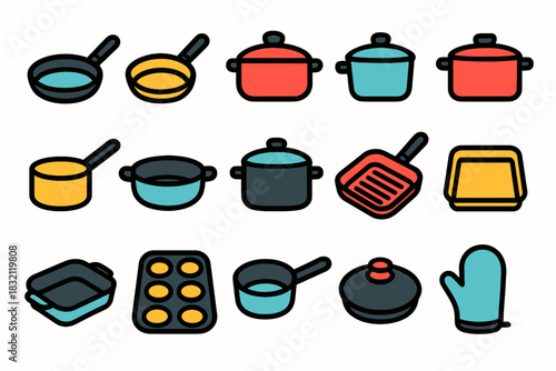 Colorful cartoon cookware set featuring pots, pans, and kitchen accessories in various styles