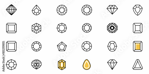 Collection of various gemstone cut icons in outline style on white background