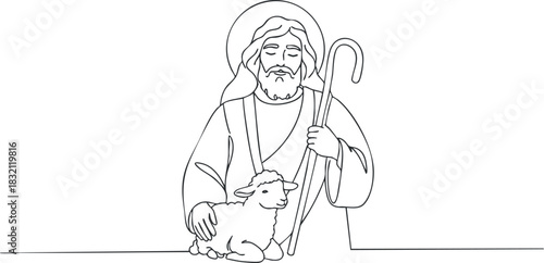 A shepherd holding a staff with a sheep beside him in minimalist outline vector style, suitable for religious themes and illustrations