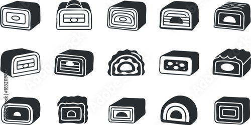 A collection of sushi rolls in black and white minimalist vector style, perfect for restaurant menus and culinary designs