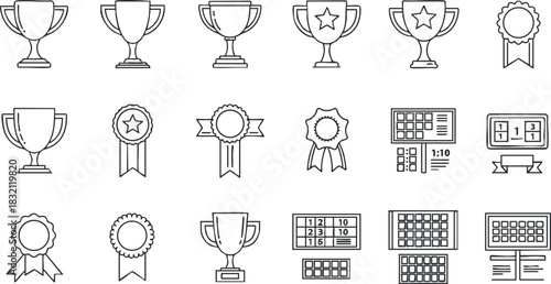 A collection of trophy and award icons in outline vector style, suitable for recognition and achievement themes