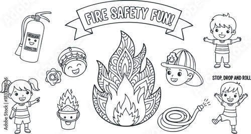 A playful illustration of fire safety fun featuring children, fire safety symbols, and tips in a black and white outline style, ideal for educational materials
