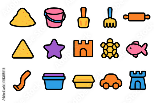 Colorful beach toys set includes sandcastle, bucket, shovel, and more for fun playtime