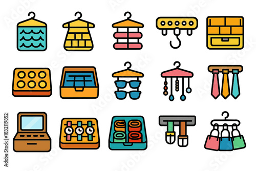 Colorful organizer icons for home storage solutions and accessories
