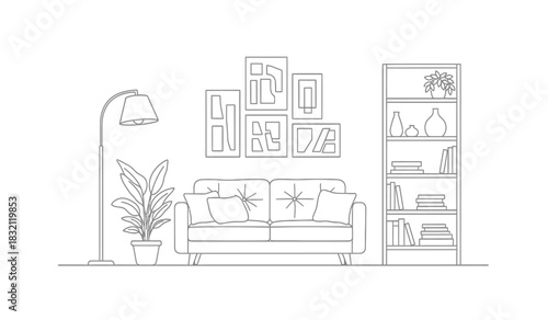 Elegant living room interior design sketch with sofa bookshelf and plant featuring a clean and minimalist silhouette style drawing silhouette
