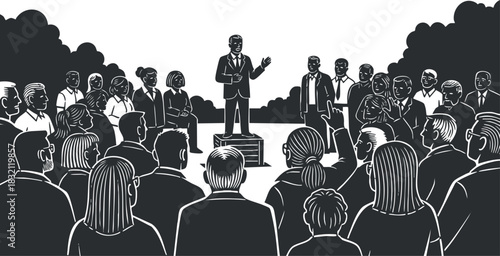 A crowd of diverse people listening to a businessman giving a speech in black and white vector style, suitable for corporate presentations and motivational themes