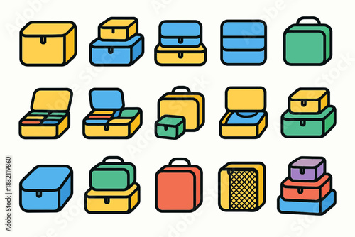 Colorful suitcase icons set in various shapes and sizes