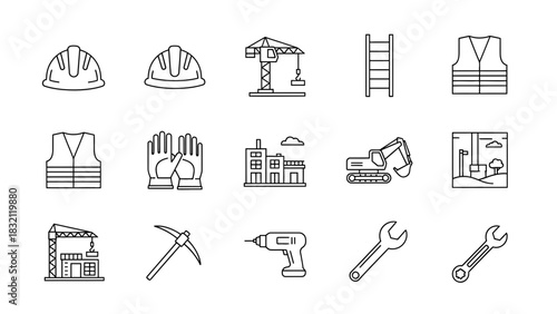 Construction building site equipment tools crane helmet gloves excavator ladder wrench safety work elements vector