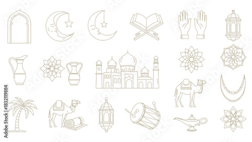 A comprehensive collection of line art icons representing various elements of Islamic culture and religious traditions.