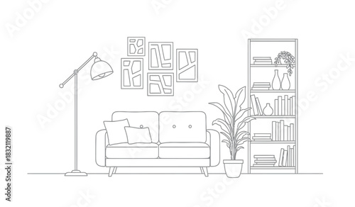 Minimalist living room interior design with sofa bookshelf and plant in silhouette style creating a clean and modern aesthetic for home decor inspiration silhouette