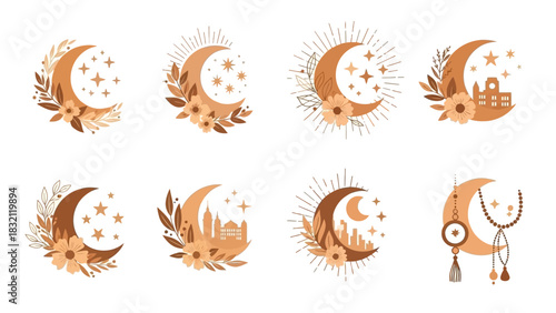 Boho celestial crescent moon designs with flowers and stars, mystical decorative elements.