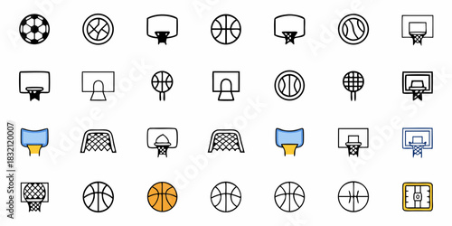 Collection of hand drawn sports icons including soccer balls basketballs tennis rackets and goals