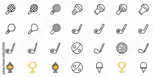 Collection of simple outline icons representing various sports equipment and trophies