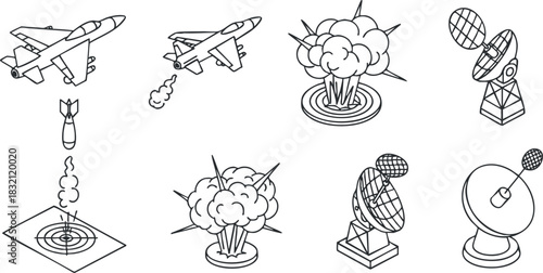 A collection of military icons including aircraft, missiles, explosions, and satellite dishes in geometric black outline vector style, suitable for military and defense projects
