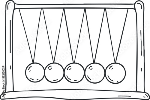 A Newton's cradle with five hanging balls in black and white outline vector style, suitable for educational materials or scientific illustrations