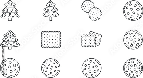 A collection of Christmas-themed dessert icons including cookies, trees, and festive treats in simple black outline vector style, perfect for holiday designs
