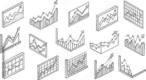 A collection of various line and bar graphs in minimalist outline vector style, ideal for data visualization and business presentations